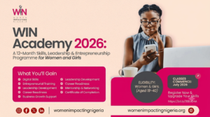 WIN Academy launch banner - Women Impacting Nigeria 12-month women's empowerment program, classes begin July 2026